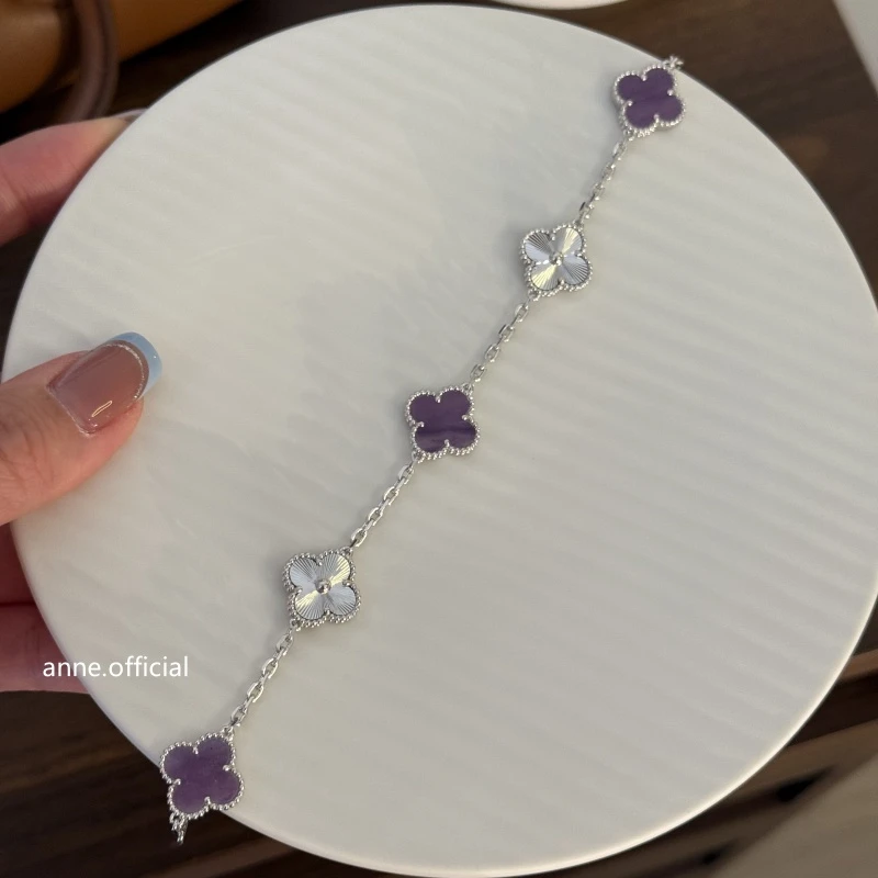 铜合金手链 薰衣草紫镭射拼接四叶草简约手链【S321】