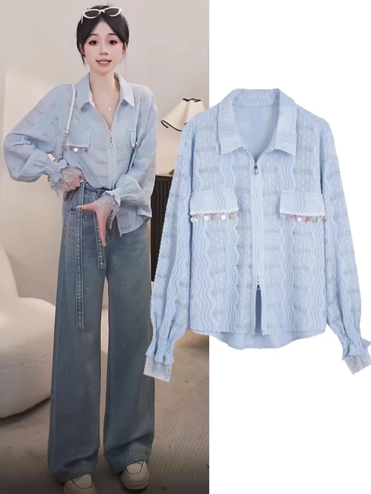 小众洋气镂空高级长袖衬衫女春季新款拉链减龄衬衣时尚设计感上衣