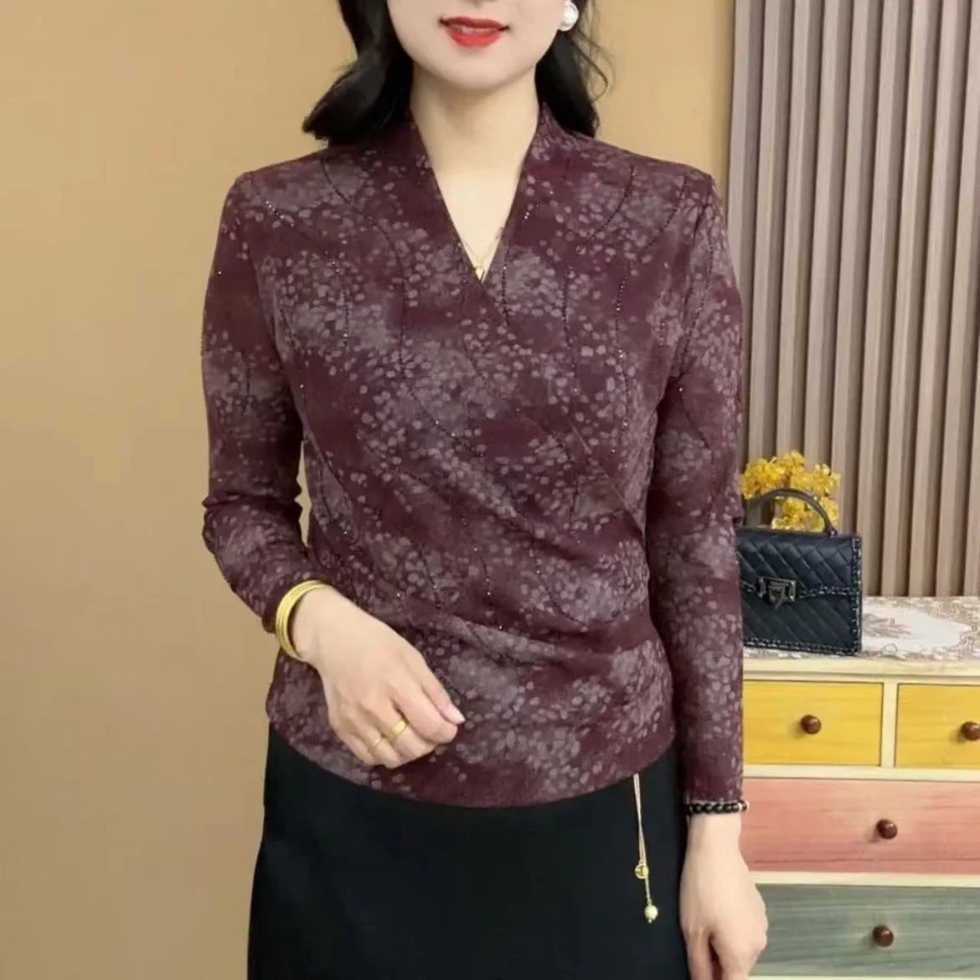 春秋新款上衣长袖网纱时尚气质休闲显瘦交叉领烫钻百搭印花小衫