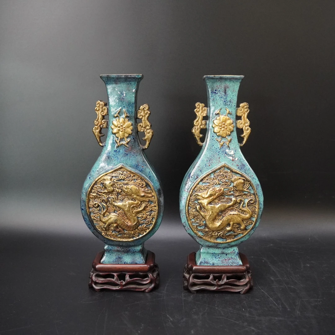 Lot.25091244民国窑变釉描金龙纹双耳尊（2个） 高：约24.8cm