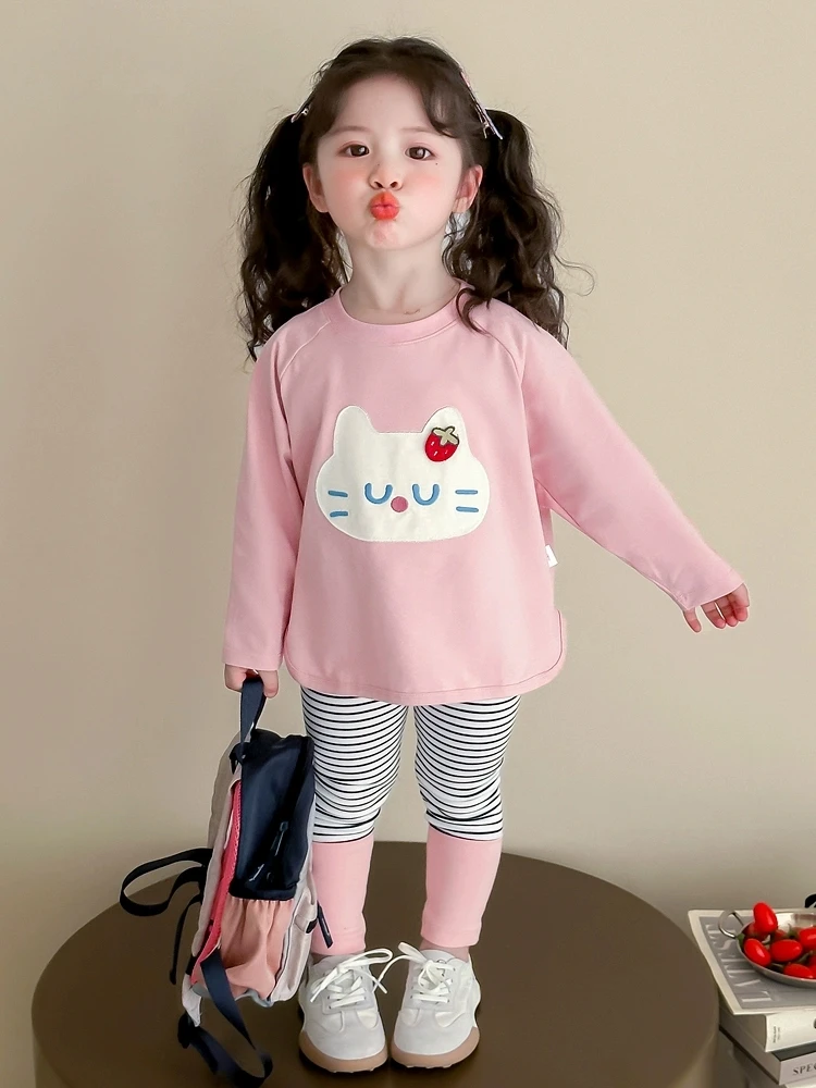 女小童春秋款卡通长袖T恤两件套洋气2025新款女宝宝条纹打底裤棉