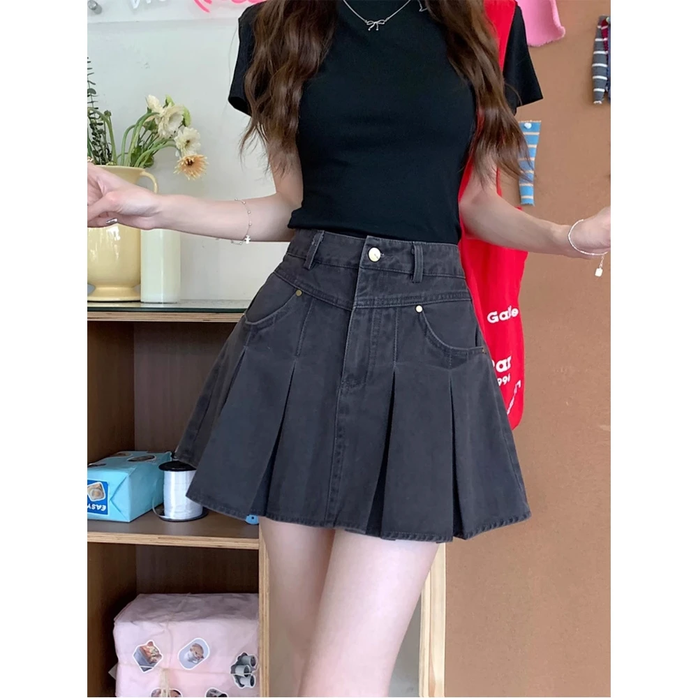 拉夏贝尔灰色百褶牛仔半身裙女2025夏季新款胖mm大码包臀时尚短裙