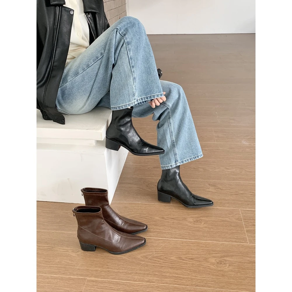 5厘米方跟磨毛内里方头短筒靴时装靴光版百搭H265弹力瘦瘦靴