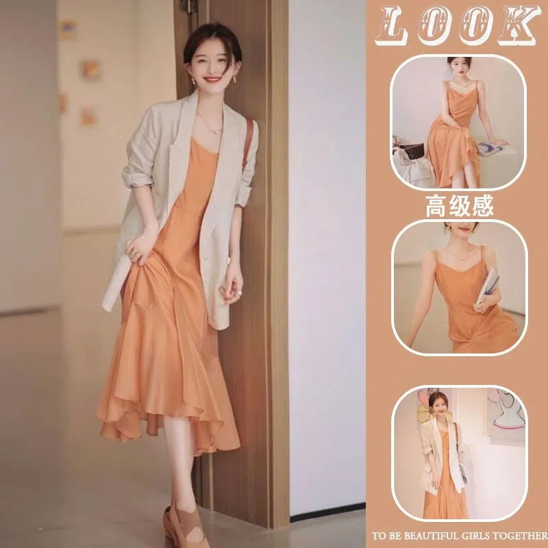 2025春季法式时尚气质通勤百搭宽松西装外套吊带连衣裙显瘦两件套