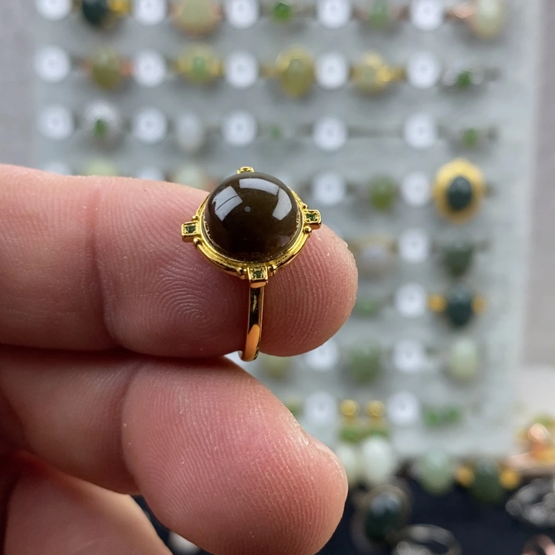 和田玉（糖玉）银S925镀金镶嵌戒指