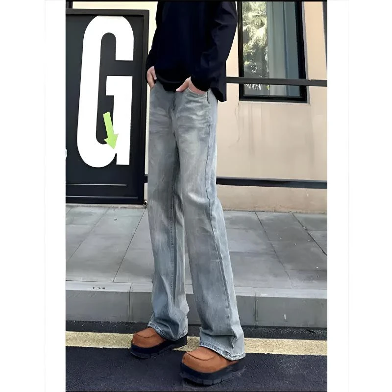美式蓝色闪电纹牛仔裤男款秋季复古痞帅显瘦裤子弯刀修身微喇长裤