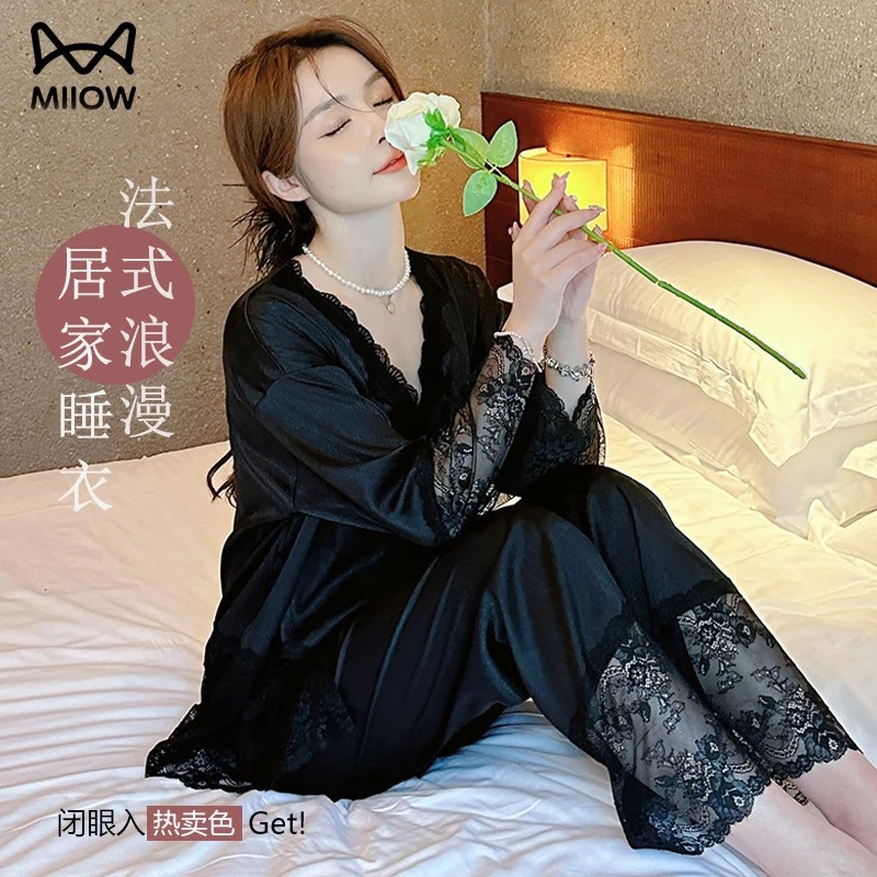 猫人长袖睡衣【冰雪丝】秋冬女套装家居服蕾丝边宽松甜美性感时尚1