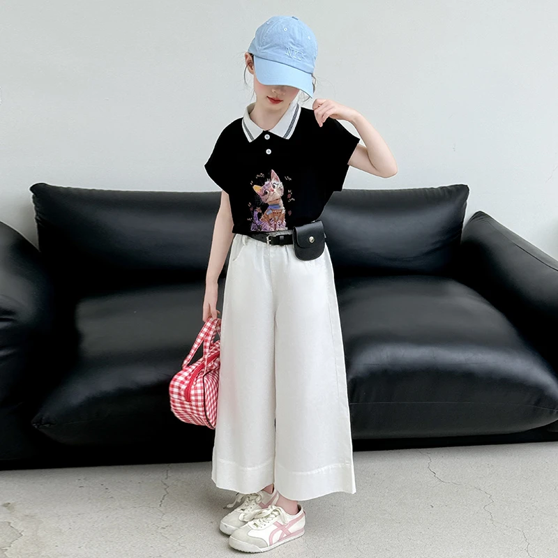 女童夏季套装2025新款洋气大童polo衫短袖网红夏装儿童休闲阔腿裤