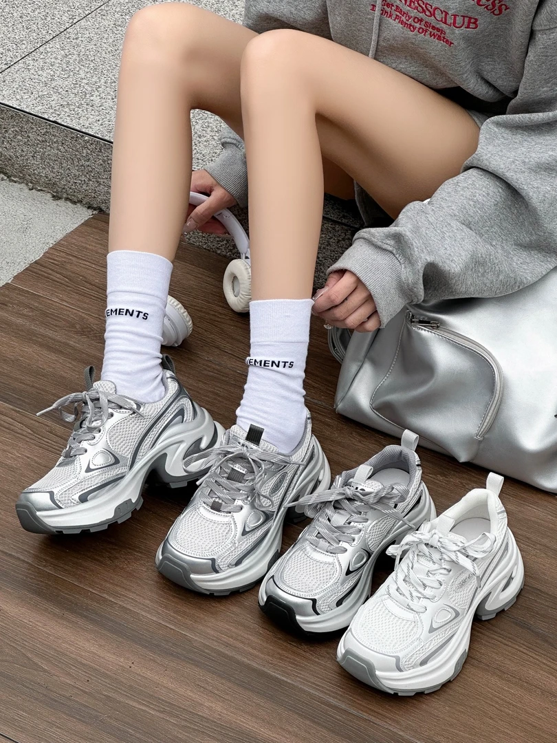 欧陌女鞋2025春款时尚百搭真皮厚网运动老爹鞋，单鞋