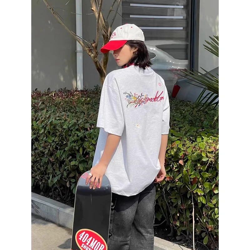 白灰色花卉刺绣短袖t恤男款夏季美式高街重磅纯棉情侣宽松半袖潮