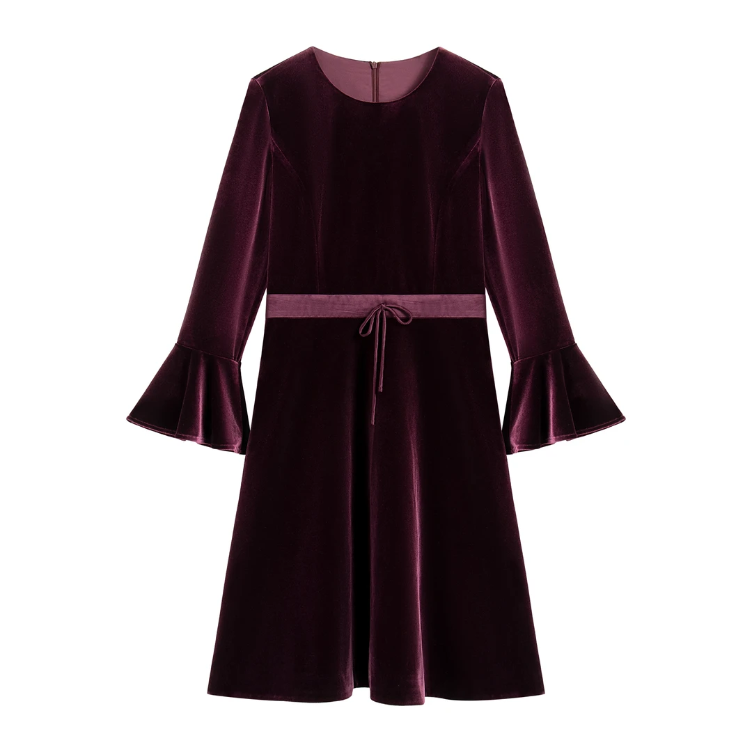 【南油虹姐】新款黑色绒面蝴蝶结收腰显瘦连衣裙