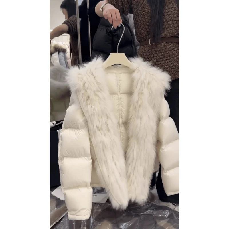 韩系杏色大毛领短款棉服女装2025冬季新款保暖加厚面包服气质外套