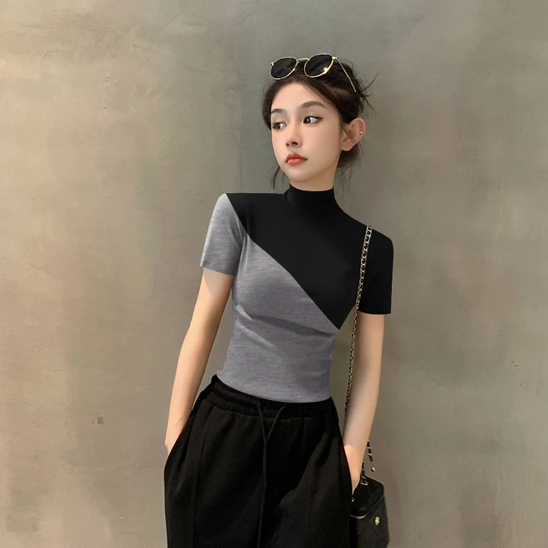 春夏新款拼接撞色螺纹短袖t恤女修身半高领打底衫时尚百搭上衣
