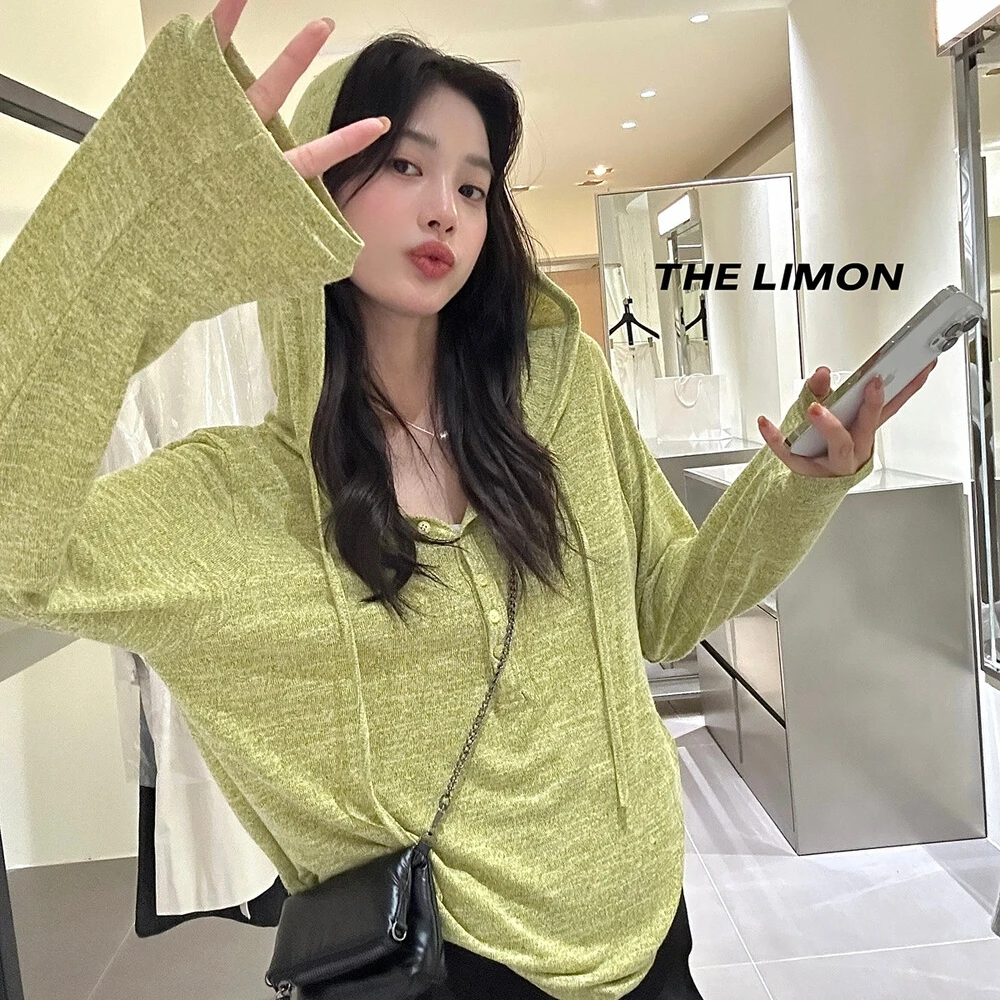 由子衣舍/Youzi Atelier秋韩系彩棉连帽女休闲针织半开襟长袖罩衫