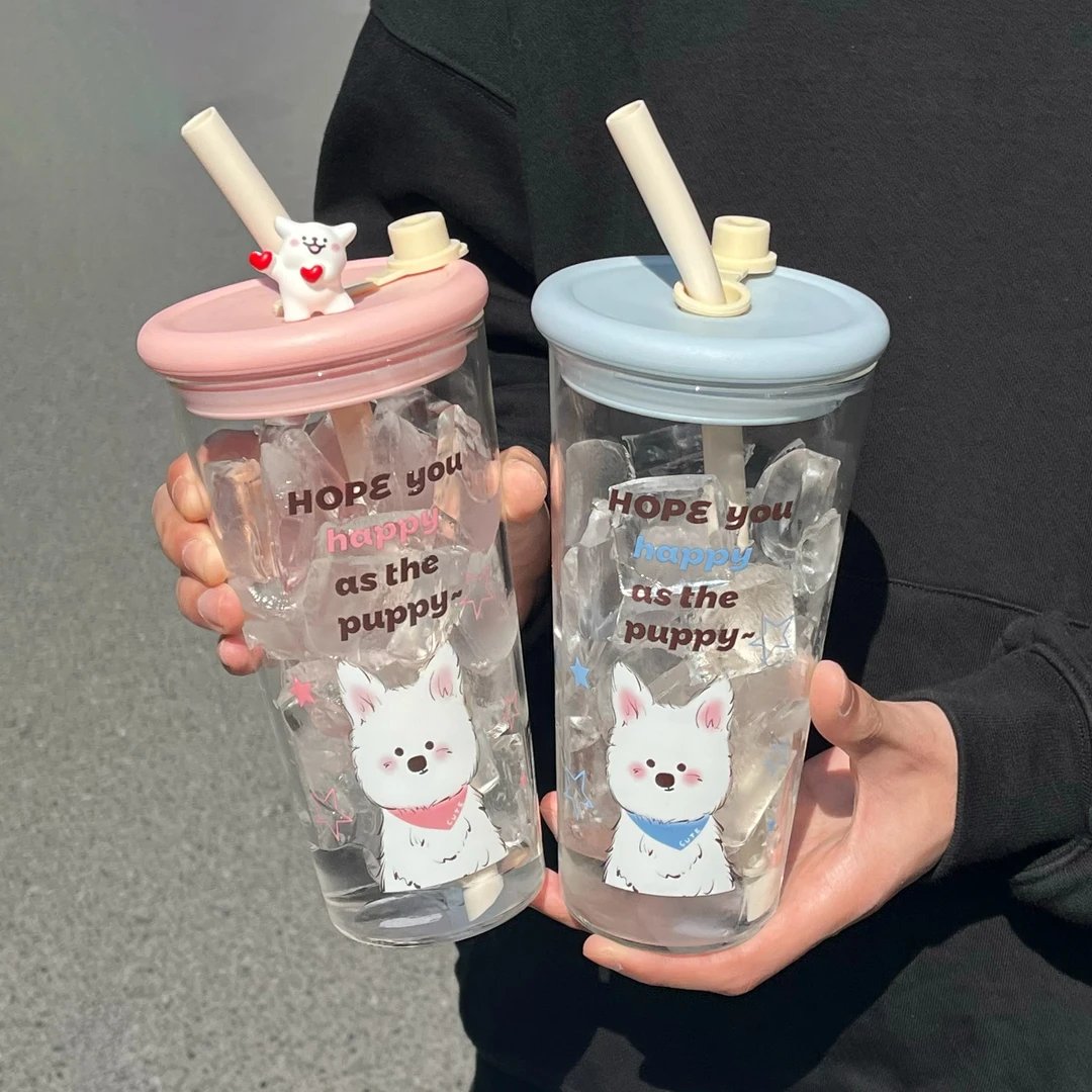 恒度新款夏天可爱小狗大容量玻璃杯高颜值男女学生水杯带吸管杯子