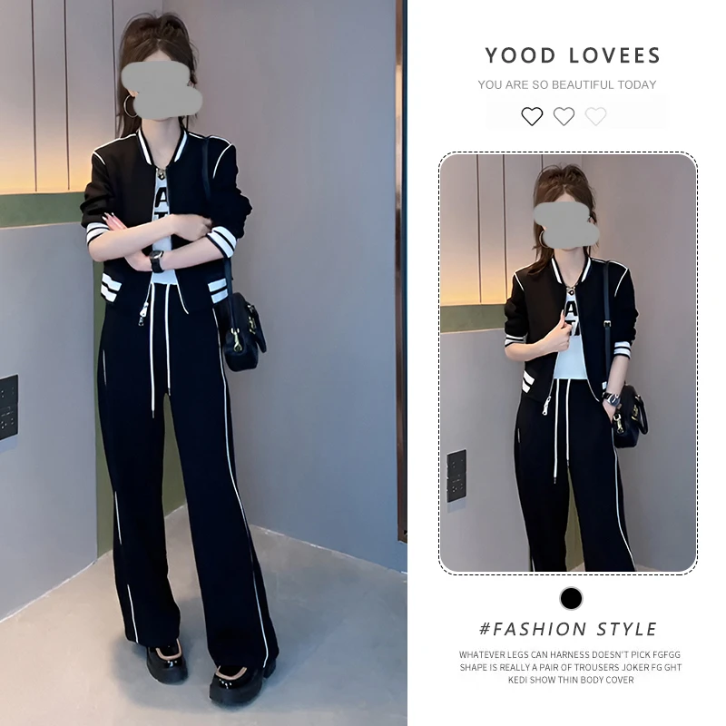 春秋2025新款减龄高级感女装拉链卫衣时尚休闲裤黑白拼色两件套装
