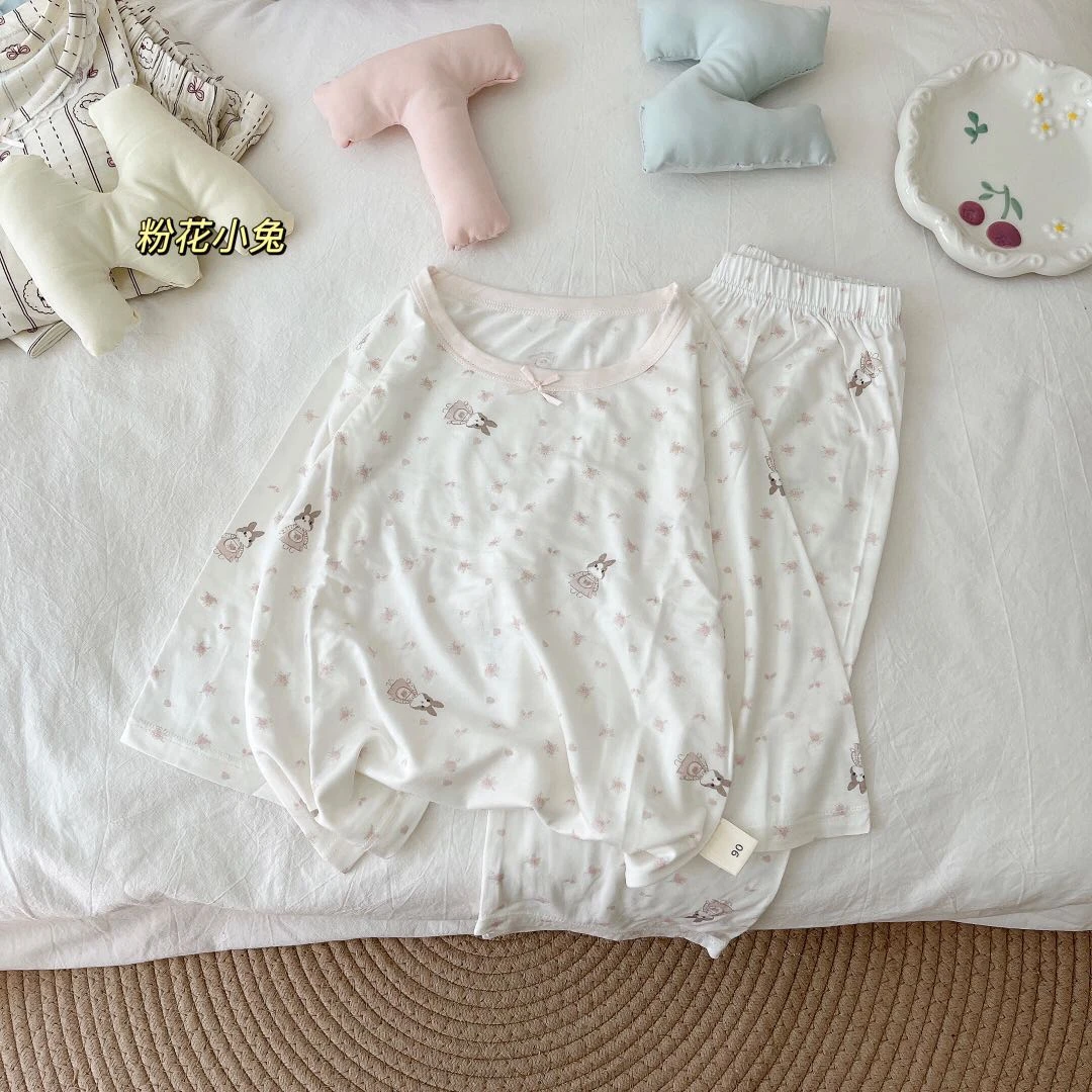 251-棉兔子童装2025夏新女童七分家居服套装68005粉花小兔