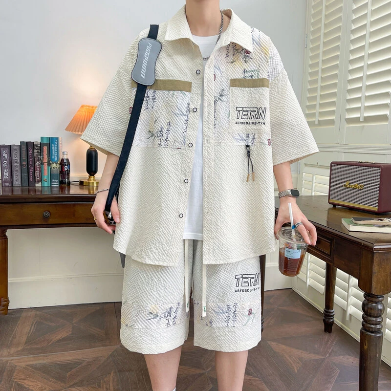 夏季痞帅气薄款开衫美式短袖t恤男士衬衫套装青少年大码宽松潮流