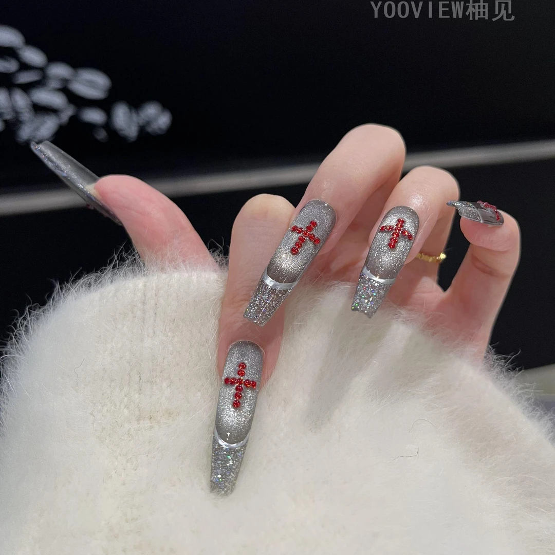 猫眼美甲纯手工穿戴甲高级感暗黑猫眼美甲亮片法式碎钻甲片