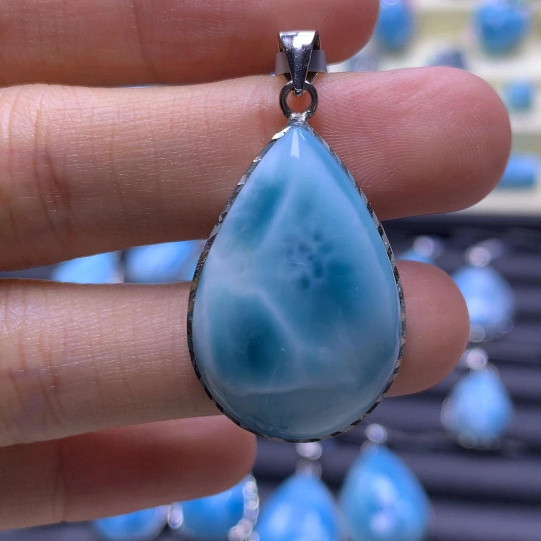 针钠钙石（海纹石）银S925镶嵌吊坠(不含链)水滴吊坠色差略异
