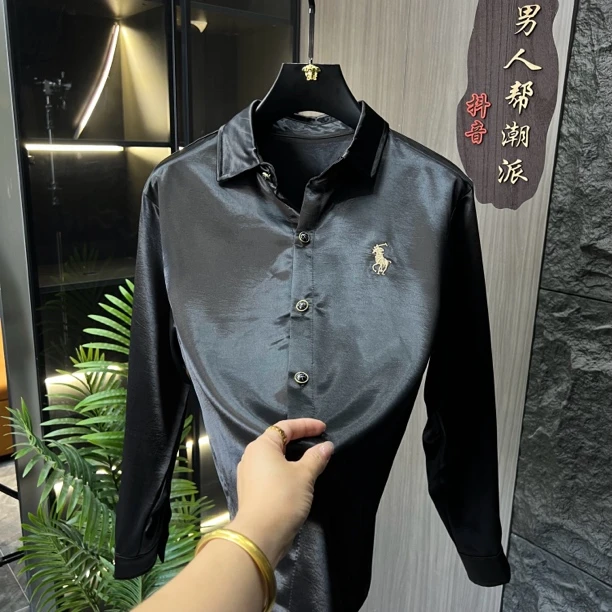 男士长袖衬衫简约时尚商务百搭纯色休闲翻领设计2234