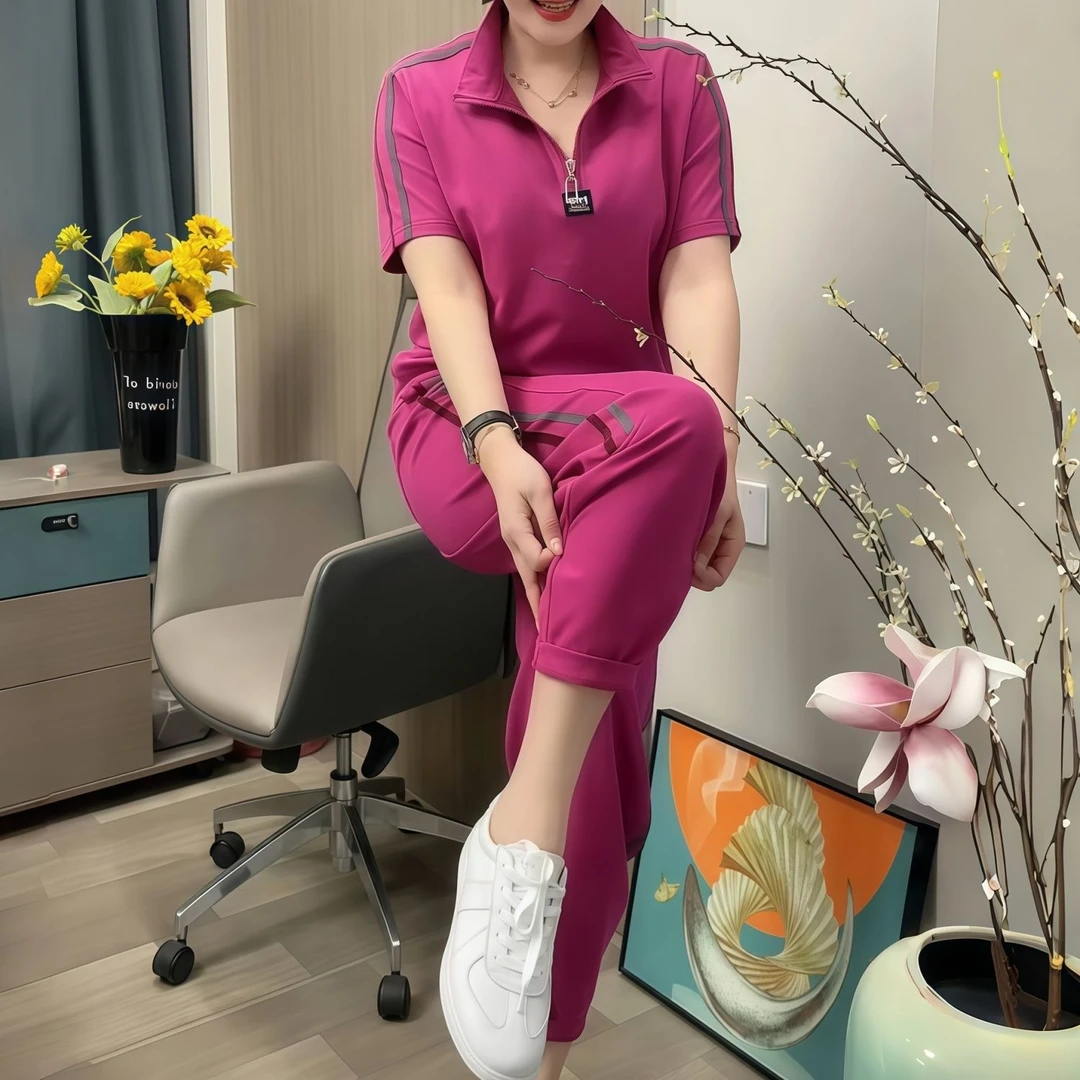 2025夏季新款时尚百搭妈妈装套装短袖T恤上衣休闲裤子两件套减龄