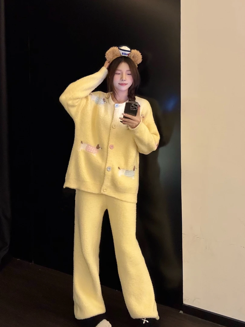 【DMXJ大梦想家】甜美可爱毛衣半边绒睡衣女秋冬新款宽松家居服套装