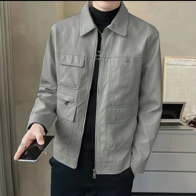 【蛋白软皮 翻领机能风】春季男士帅气百搭皮夹克-94865
