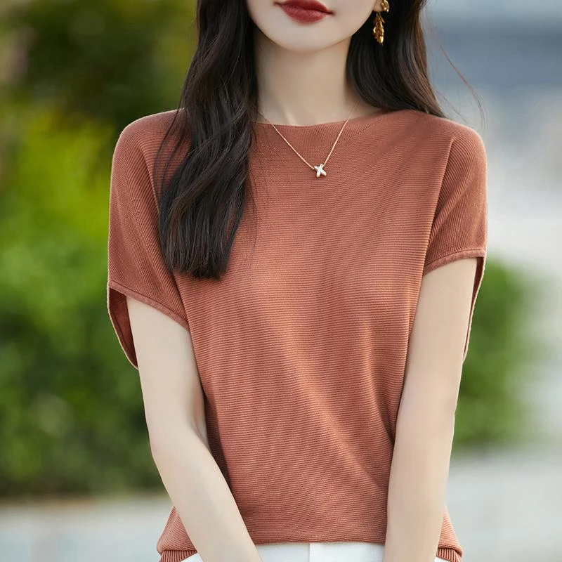 冰丝针织一字领短袖T恤女2025夏新设计感百搭薄宽松显瘦遮肉小衫