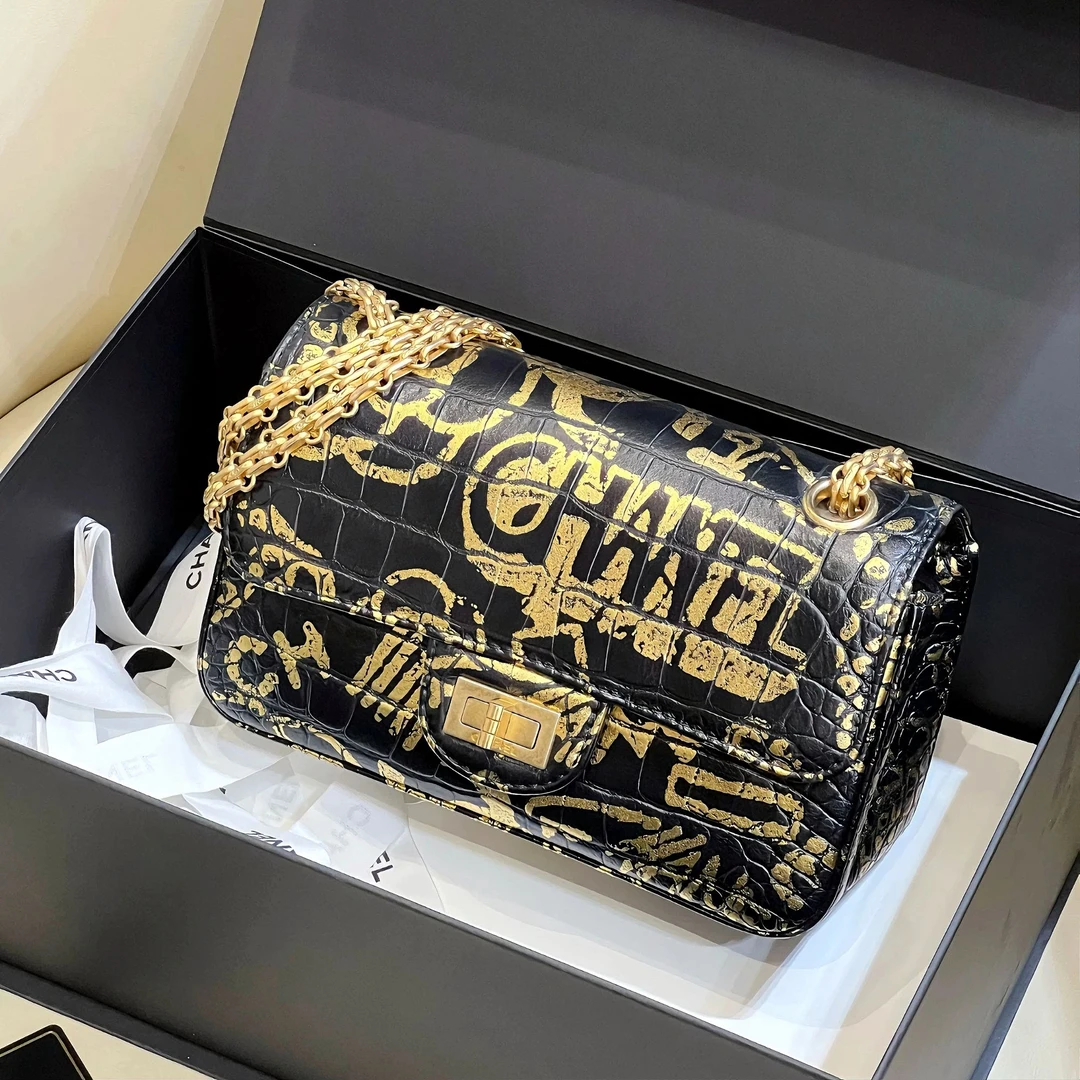 99新 Chanel/香奈儿 5768|香奈儿高奢鳄压黑金涂鸦2.55单肩包|香