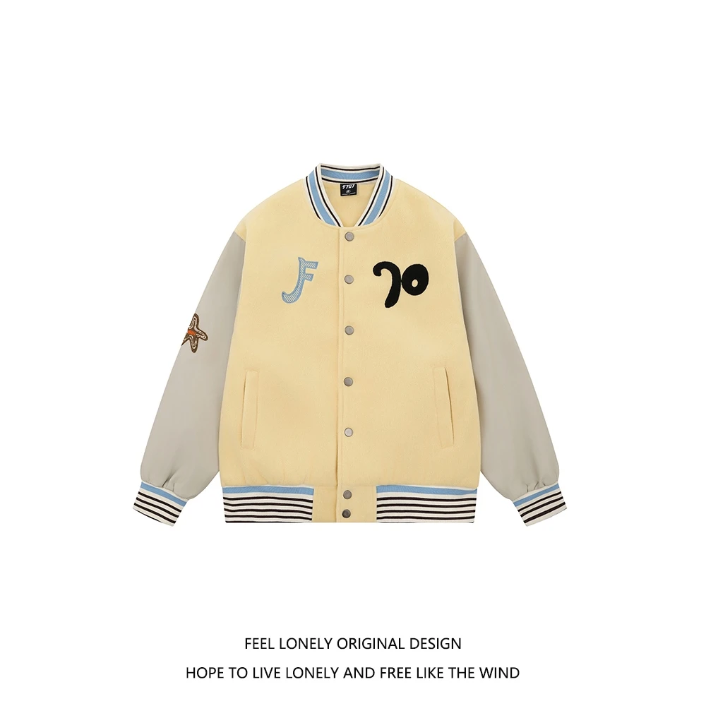 Feellonely美式学院风毛呢拼接棒球服外套时尚宽松夹克秋季休闲