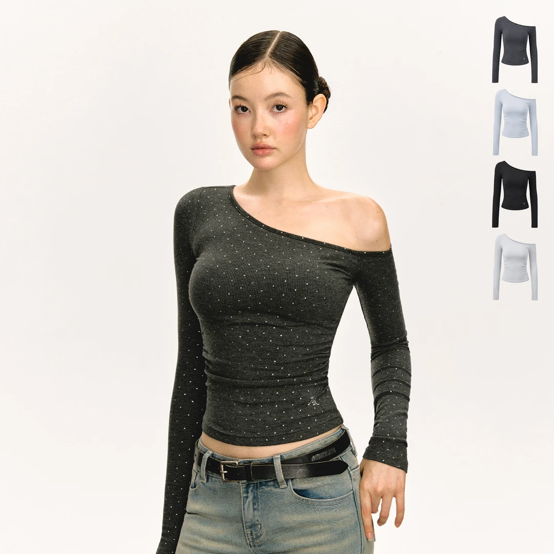Ariseism 美式设计感露肩长袖T恤女春季新款辣妹打底内搭修身上衣
