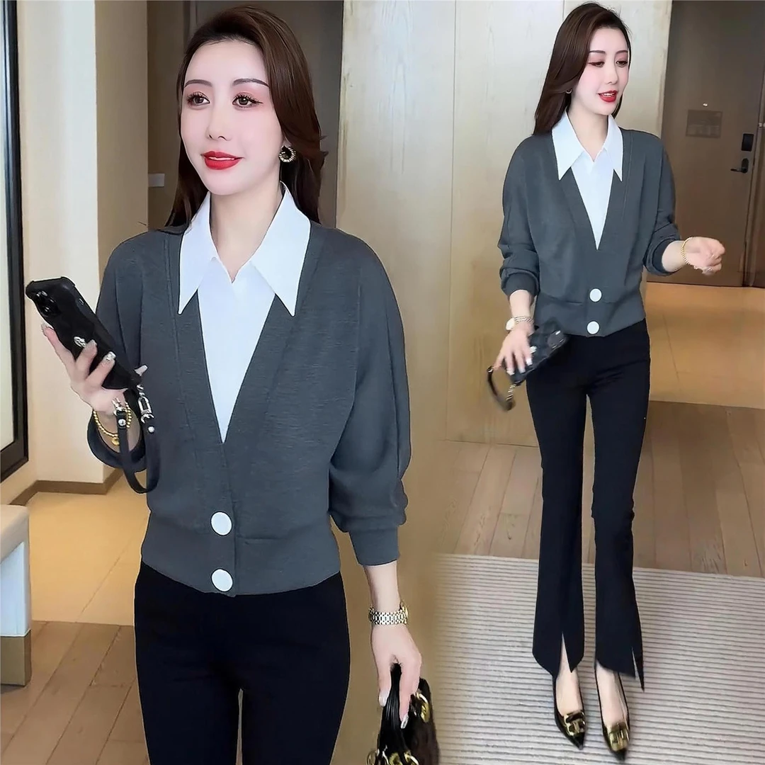 今年流行POLO领假两件长袖T恤女2025春装新款洋气显瘦衬衣领上衣