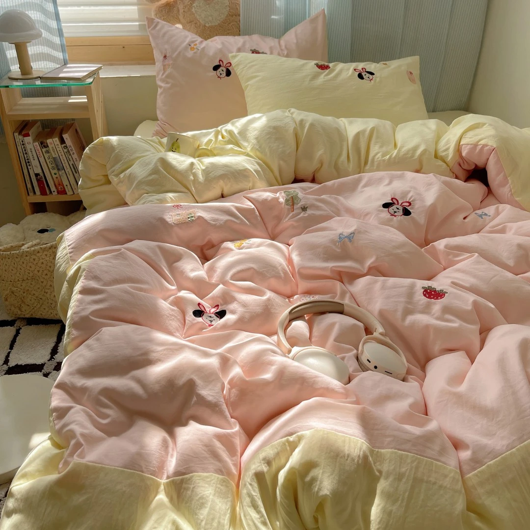 ins可爱毛巾绣小元素黄-水洗棉四件套被套罩学生宿舍床单三件套