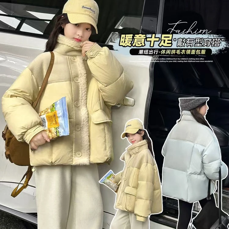 女童加棉加厚外套2025冬季新款时尚洋气翻领面包服毛毛衣棉服外套