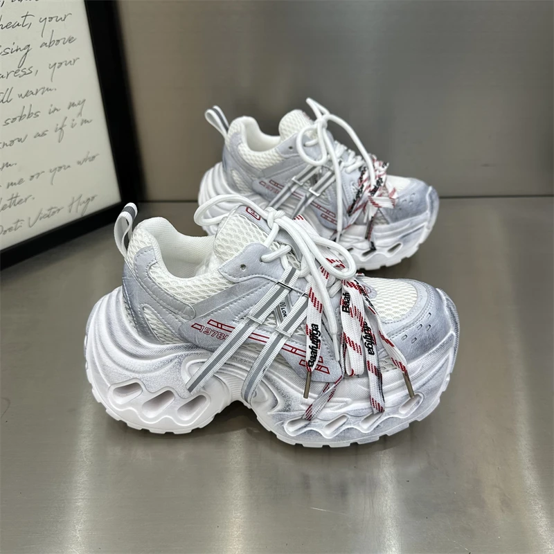 女士网红时尚百搭透气黑色厚底ins秋季春季韩版系带拼色潮流潮鞋