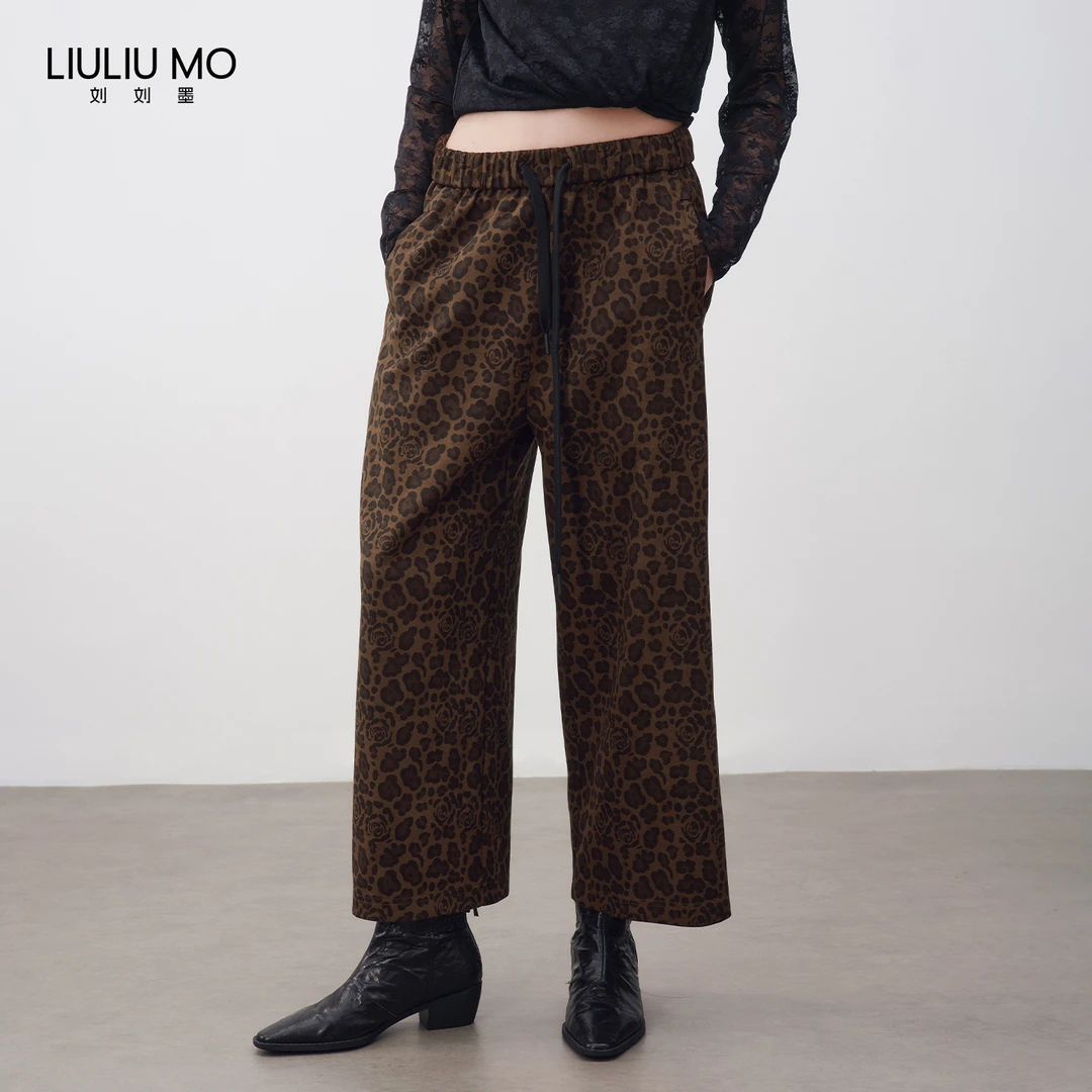 刘刘墨小众设计新款时尚复古咖色豹纹玫瑰花休闲百搭九分阔腿裤