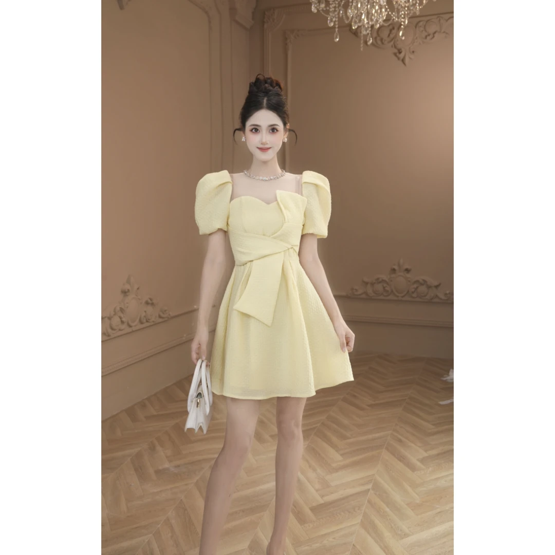 【柒老板定制】新款夏季小众名媛显瘦气质蝴蝶结收腰连衣裙30868