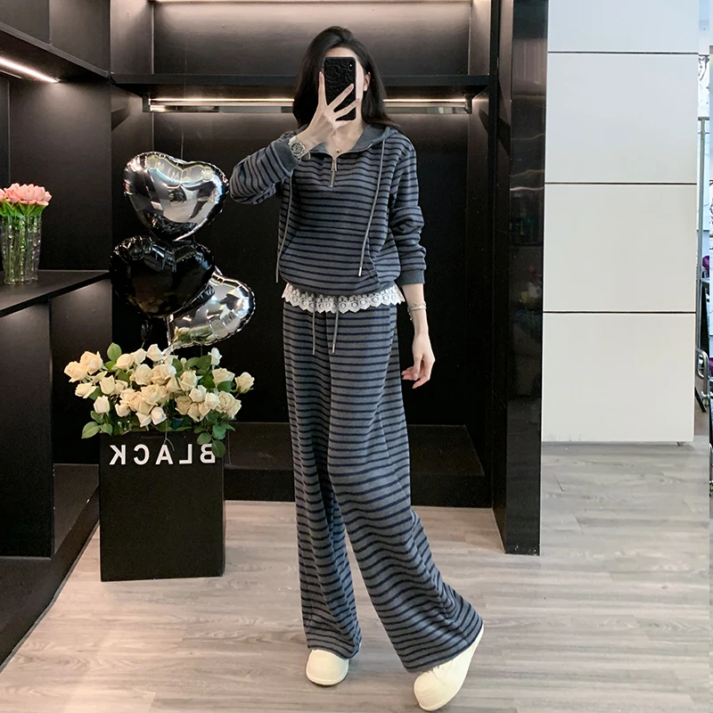 韩系慵懒条纹卫衣休闲运动套装女装秋冬新款蕾丝拼接阔腿裤两件套