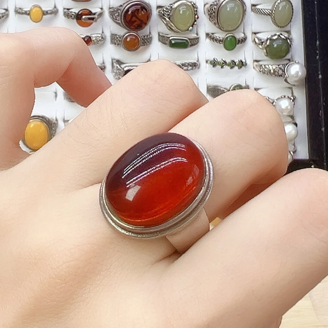 血珀银S925镶嵌戒指，