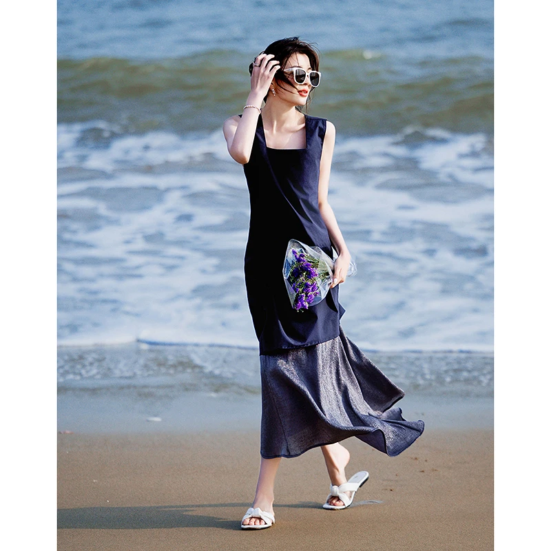 dme德·玛纳纯棉岛屿夏季方领无袖宽松腰不规则拼接女连衣裙