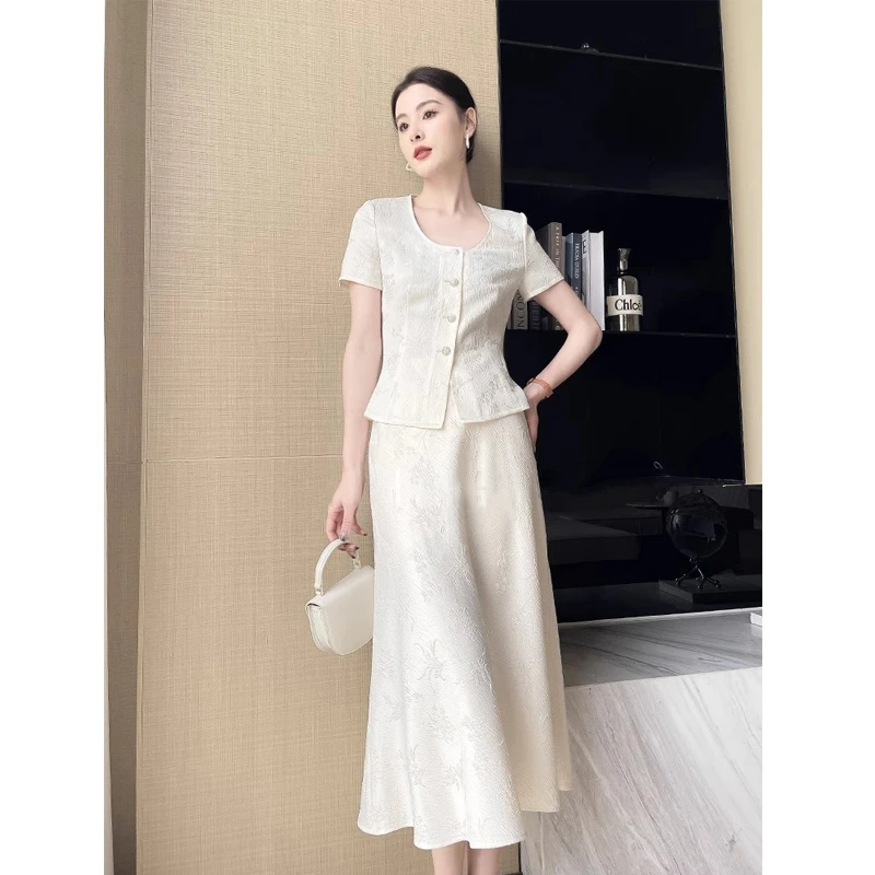 提花白色短袖衬衫2024新款女轻奢高级感减龄短款夏季时尚套装上衣