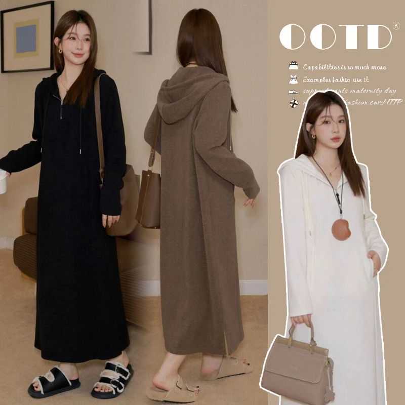 孕妇新款大码连帽款长裙冬季连帽长袖连衣裙秋季宽松针织毛衣裙