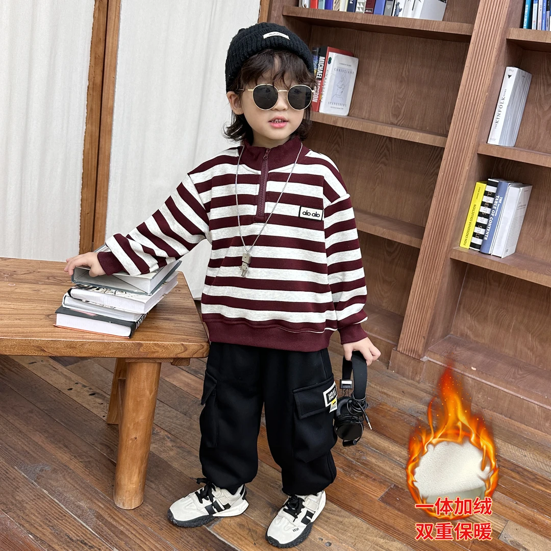 男童加厚套装秋冬儿童中小童加绒保暖条纹卫衣两件套酷帅洋气衣服