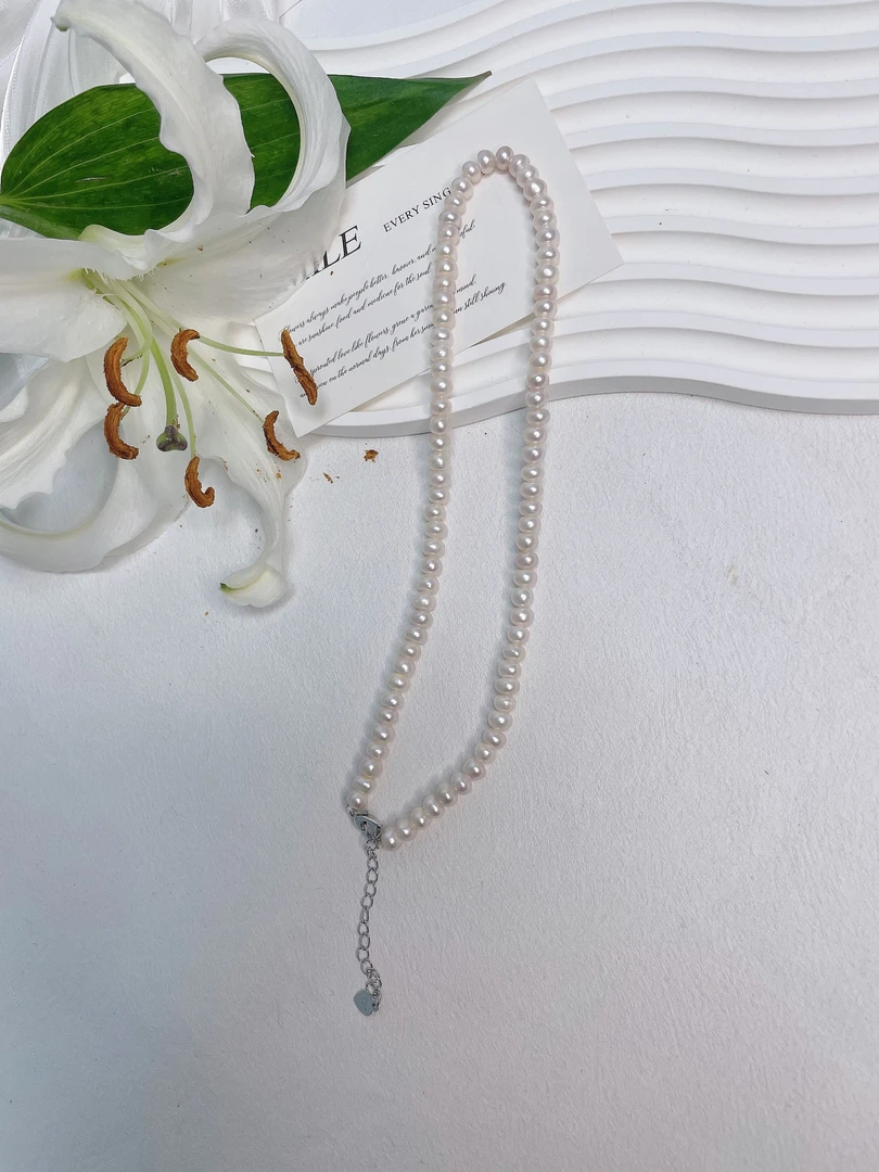 天然淡水珍珠A705#5-6S925银曼塔玫瑰粉色珍珠项链