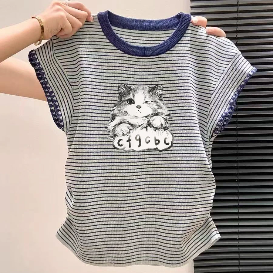 T恤女夏季美式复古辣妹上衣条纹正肩小飞袖圆领撞色掐腰短袖