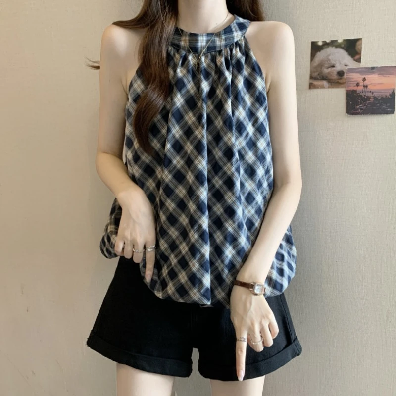 大码法式气质格子挂脖无袖衬衫女夏季微胖MM宽松显瘦百搭洋气上衣