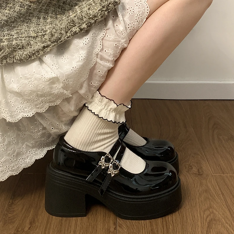 厚底玛丽珍小皮鞋女2024春秋新款一字扣圆头复古粗高跟英伦风单鞋