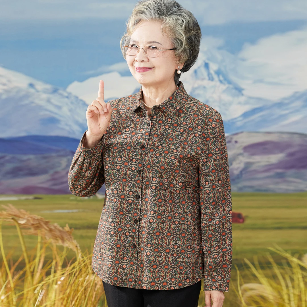 中老年人秋装女纯棉长袖衬衫婆婆妈妈2025秋季新款全棉上衣奶奶装