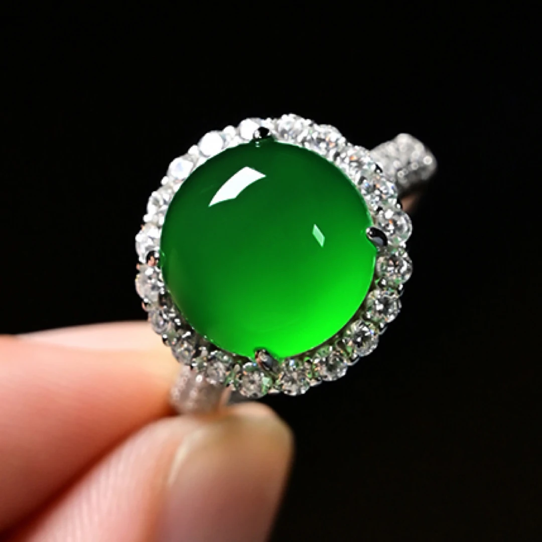 925银豪镶天然玉髓满绿女士戒指帝王绿女戒新中式珠宝新年礼物